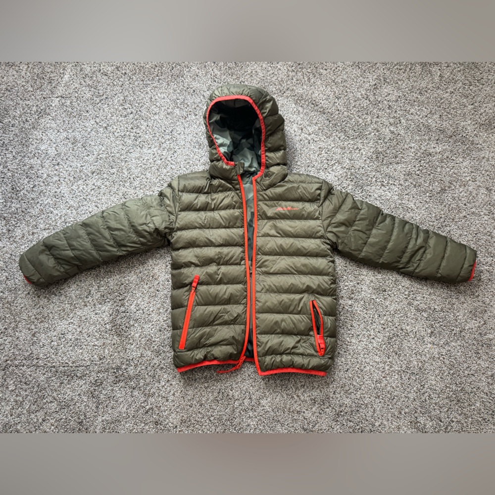 Eddie Bauer reversible Green & camo Puffer Jacket with orange Accents